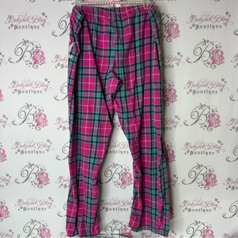 Disney tinkerbell trouble pants Plaid Pajamas Pink and blue tie up waist strings - Picture 3 of 7